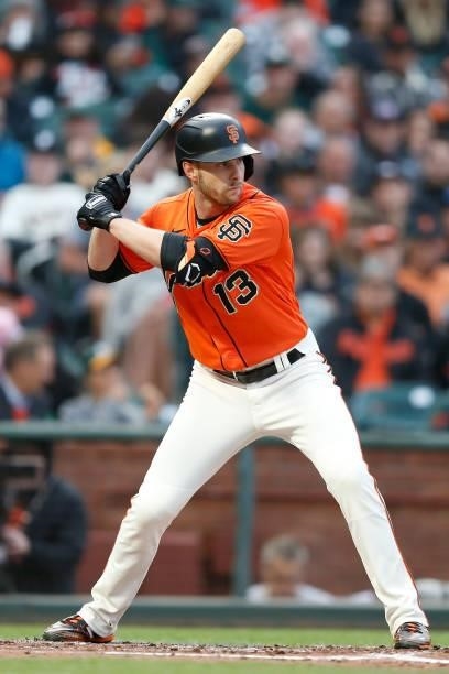 Austin Slater of the San Francisco Giants at bat against the Oakland Athletics at Oracle Park on June 25, 2021 in San Francisco, California.