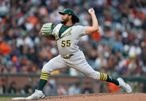 Sean Manaea of the Oakland Athletics pitches against the San Francisco Giants at Oracle Park on June 25, 2021 in San Francisco, California.