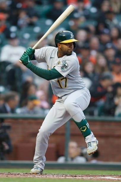 Elvis Andrus of the Oakland Athletics at bat against the San Francisco Giants at Oracle Park on June 25, 2021 in San Francisco, California.