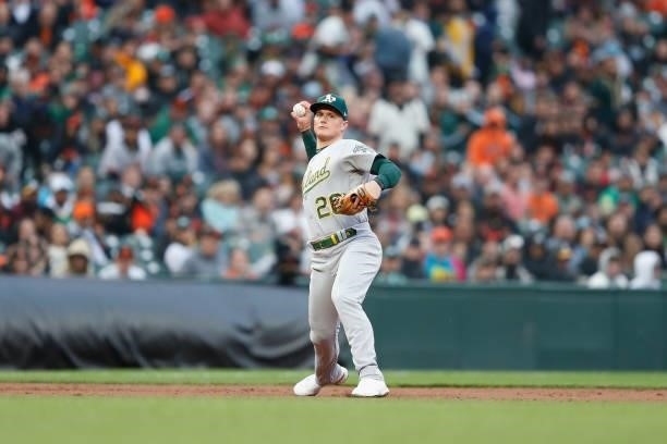 Matt Chapman of the Oakland Athletics fields the ball at third base against the San Francisco Giants at Oracle Park on June 25, 2021 in San...