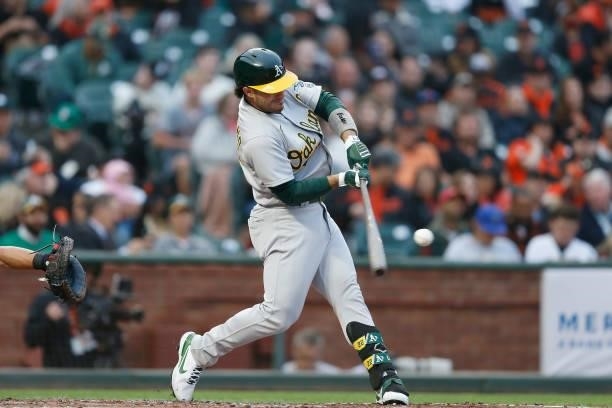Ramon Laureano of the Oakland Athletics at bat against the San Francisco Giants at Oracle Park on June 25, 2021 in San Francisco, California.