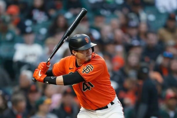 Wilmer Flores of the San Francisco Giants at bat against the Oakland Athletics at Oracle Park on June 25, 2021 in San Francisco, California.