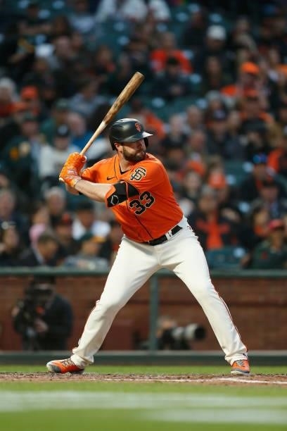 Darin Ruf of the San Francisco Giants at bat against the Oakland Athletics at Oracle Park on June 25, 2021 in San Francisco, California.