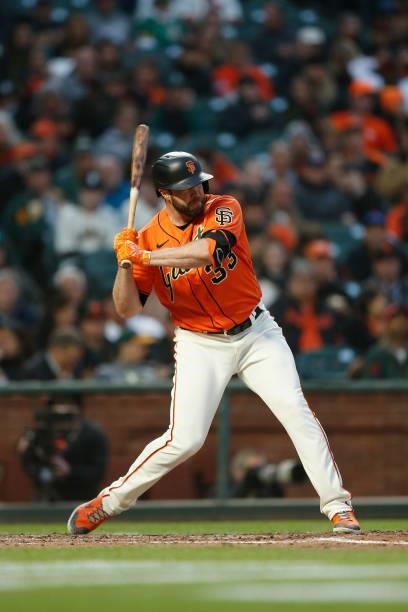 Darin Ruf of the San Francisco Giants at bat against the Oakland Athletics at Oracle Park on June 25, 2021 in San Francisco, California.