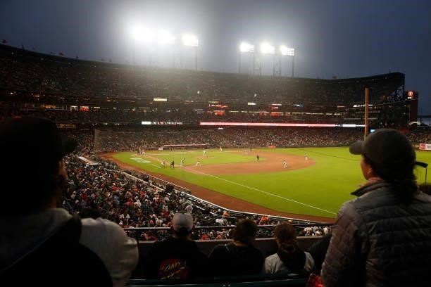 General view of play between the San Francisco Giants and the Oakland Athletics at Oracle Park on June 25, 2021 in San Francisco, California. This is...