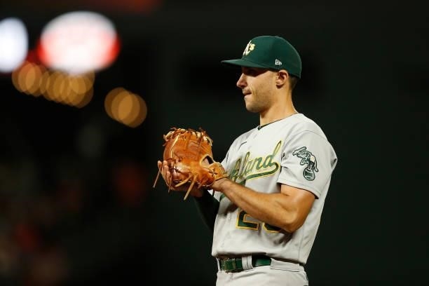 Matt Olson of the Oakland Athletics fields at first base against the San Francisco Giants at Oracle Park on June 25, 2021 in San Francisco,...