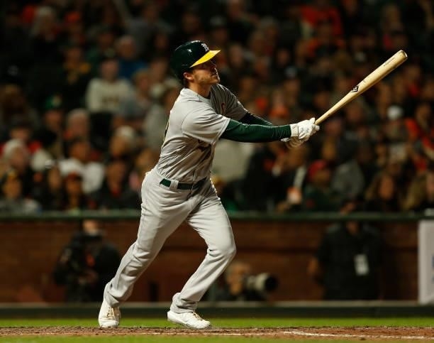 Skye Bolt of the Oakland Athletics at bat against the San Francisco Giants at Oracle Park on June 25, 2021 in San Francisco, California.