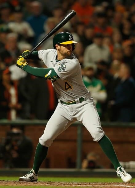 Chad Pinder of the Oakland Athletics at bat against the San Francisco Giants at Oracle Park on June 25, 2021 in San Francisco, California.