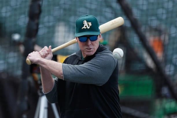 Bob Melvin manager of the Oakland Athletics takes fielding practice before the game against the San Francisco Giants at Oracle Park on June 25, 2021...