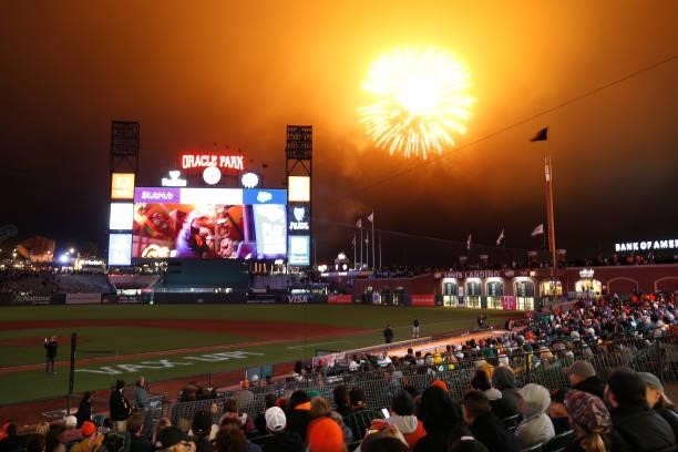General view of fireworks after the game between the San Francisco Giants and the Oakland Athletics at Oracle Park on June 25, 2021 in San Francisco,...