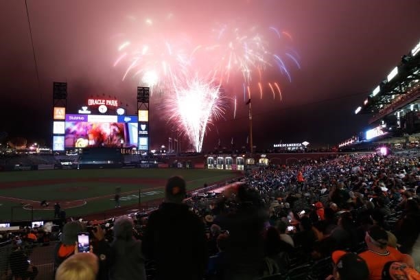 General view of fireworks after the game between the San Francisco Giants and the Oakland Athletics at Oracle Park on June 25, 2021 in San Francisco,...
