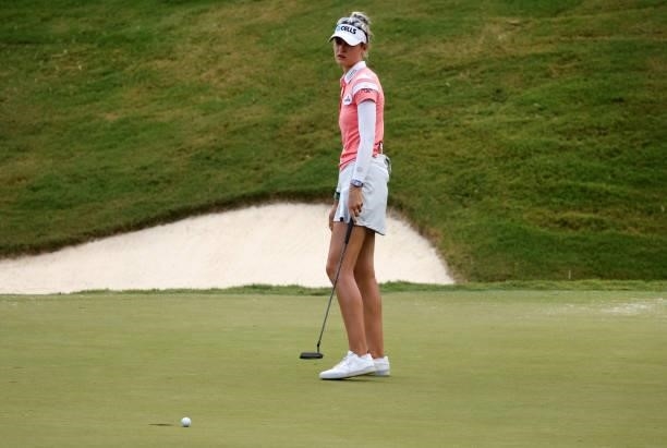 Nelly Korda reacts to her missed putt on the 18th green during the third round of the KPMG Women's PGA Championship at Atlanta Athletic Club on June...