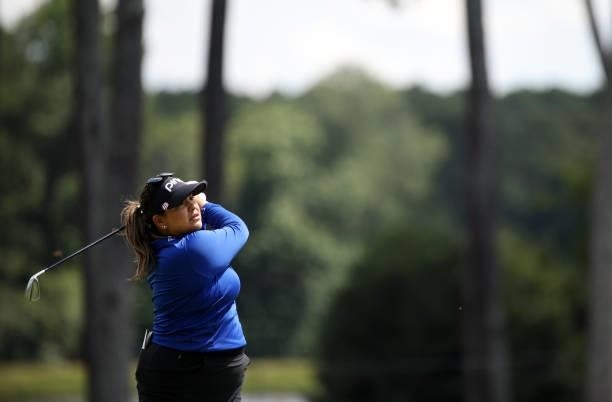 Lizette Salas plays her shot from the 18th tee during the third round of the KPMG Women's PGA Championship at Atlanta Athletic Club on June 26, 2021...