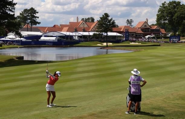 Celine Boutier of France plays her shot on the 18th hole during the third round of the KPMG Women's PGA Championship at Atlanta Athletic Club on June...