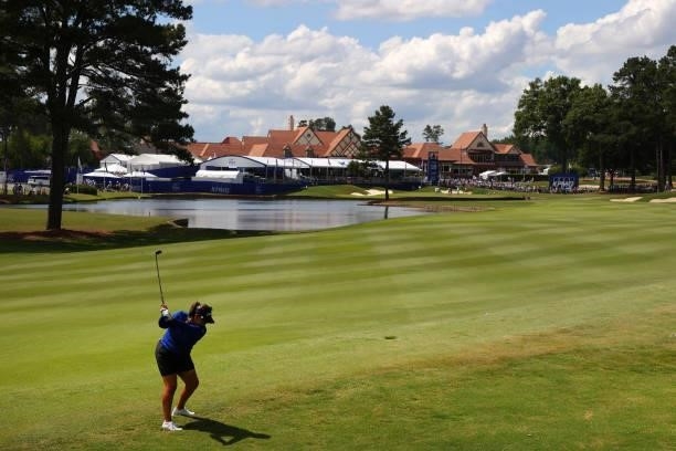 Lizette Salas plays her shot on the 18th hole during the third round of the KPMG Women's PGA Championship at Atlanta Athletic Club on June 26, 2021...