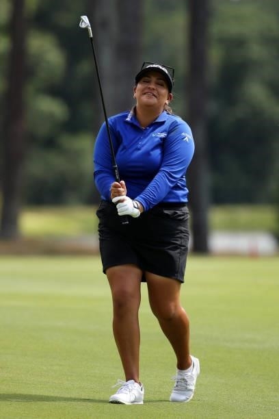 Lizette Salas reacts to her shot on the 18th hole during the third round of the KPMG Women's PGA Championship at Atlanta Athletic Club on June 26,...