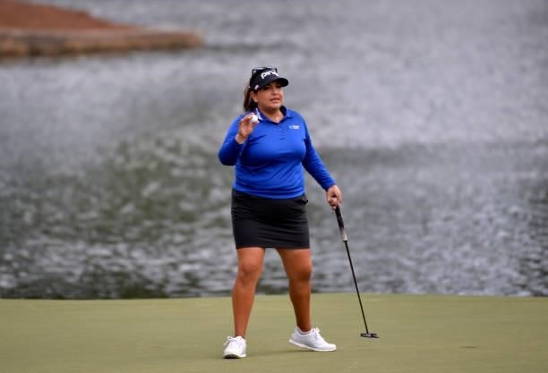 Lizette Salas reacts to her putt on the 18th green during the third round of the KPMG Women's PGA Championship at Atlanta Athletic Club on June 26,...