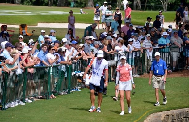 Nelly Korda walks onto the 18th green during the third round of the KPMG Women's PGA Championship at Atlanta Athletic Club on June 26, 2021 in Johns...