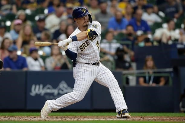 Keston Hiura of the Milwaukee Brewers up to bat against the Colorado Rockies at American Family Field on June 25, 2021 in Milwaukee, Wisconsin....
