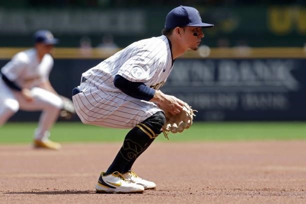 Luis Urias of the Milwaukee Brewers gets ready before the pitch against the Colorado Rockies at American Family Field on June 25, 2021 in Milwaukee,...