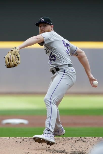 Jon Gray of the Colorado Rockies throws a pitch against the Milwaukee Brewers at American Family Field on June 25, 2021 in Milwaukee, Wisconsin....