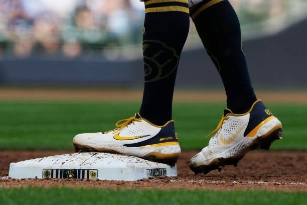 Detailed view of Nike baseball shoes worn by a Milwaukee Brewers player against the Colorado Rockies at American Family Field on June 25, 2021 in...