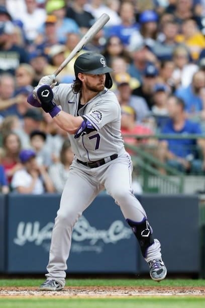 Brendan Rodgers of the Colorado Rockies up to bat against the Milwaukee Brewers at American Family Field on June 25, 2021 in Milwaukee, Wisconsin....