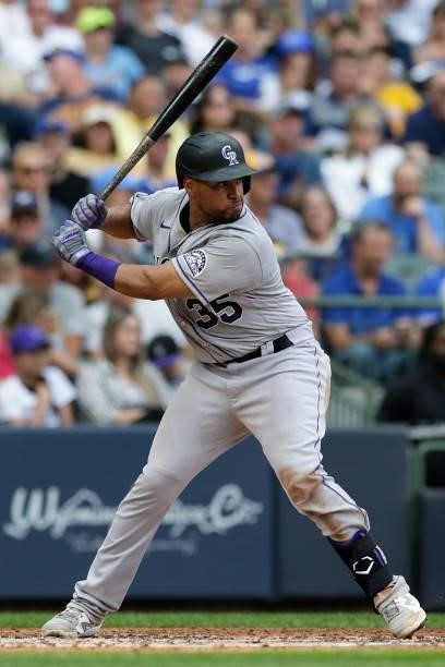 Elias Diaz of the Colorado Rockies up to bat against the Milwaukee Brewers at American Family Field on June 25, 2021 in Milwaukee, Wisconsin. Brewers...