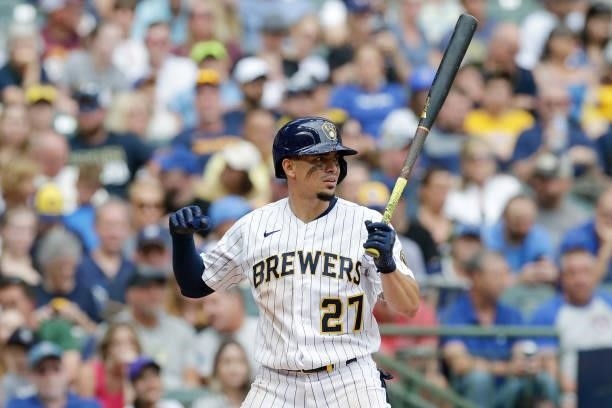 Willy Adames of the Milwaukee Brewers up to bat against the Colorado Rockies at American Family Field on June 25, 2021 in Milwaukee, Wisconsin....