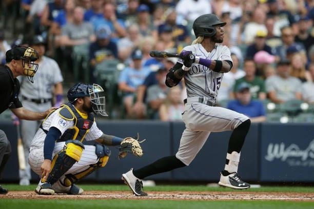 Raimel Tapia of the Colorado Rockies up to bat against the Milwaukee Brewers at American Family Field on June 25, 2021 in Milwaukee, Wisconsin....