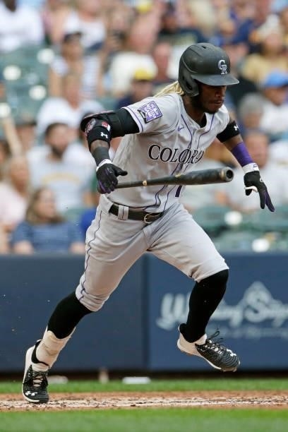 Raimel Tapia of the Colorado Rockies up to bat against the Milwaukee Brewers at American Family Field on June 25, 2021 in Milwaukee, Wisconsin....