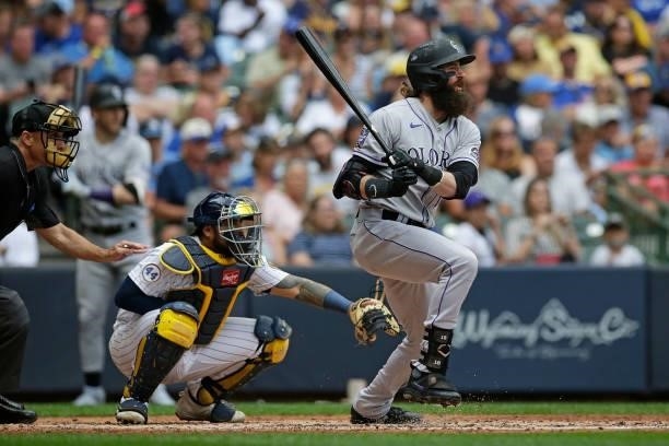 Charlie Blackmon of the Colorado Rockies up to bat against the Milwaukee Brewers at American Family Field on June 25, 2021 in Milwaukee, Wisconsin....