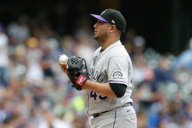 Jhoulys Chacin of the Colorado Rockies on the mound against the Milwaukee Brewers at American Family Field on June 25, 2021 in Milwaukee, Wisconsin....