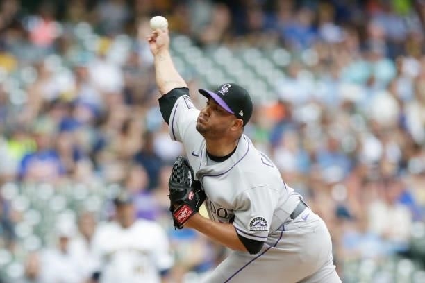 Jhoulys Chacin of the Colorado Rockies throws a pitch against the Milwaukee Brewers at American Family Field on June 25, 2021 in Milwaukee,...