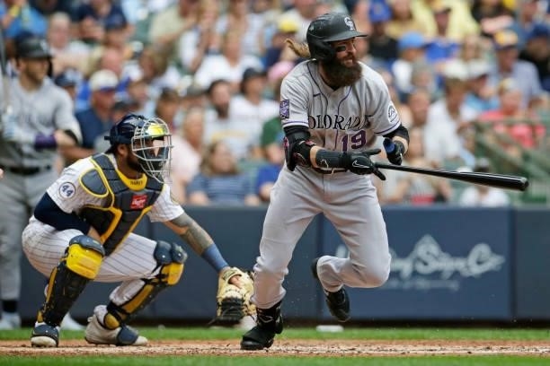 Charlie Blackmon of the Colorado Rockies up to bat against the Milwaukee Brewers at American Family Field on June 25, 2021 in Milwaukee, Wisconsin....