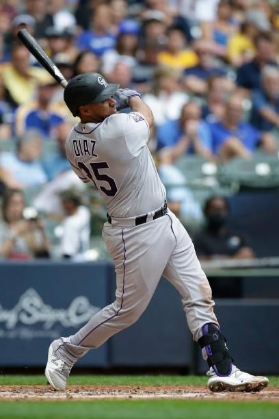 Elias Diaz of the Colorado Rockies up to bat against the Milwaukee Brewers at American Family Field on June 25, 2021 in Milwaukee, Wisconsin. Brewers...