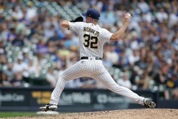 Trevor Richards of the Milwaukee Brewers throws a pitch against the Colorado Rockies at American Family Field on June 25, 2021 in Milwaukee,...