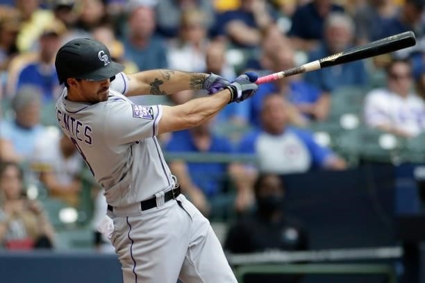 Joshua Fuentes of the Colorado Rockies up to bat against the Milwaukee Brewers at American Family Field on June 25, 2021 in Milwaukee, Wisconsin....