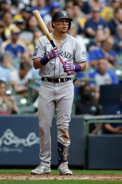 Yonathan Daza of the Colorado Rockies up to bat against the Milwaukee Brewers at American Family Field on June 25, 2021 in Milwaukee, Wisconsin....