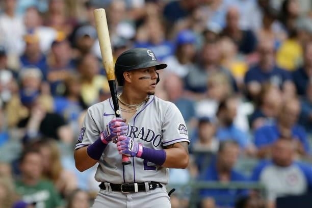 Yonathan Daza of the Colorado Rockies up to bat against the Milwaukee Brewers at American Family Field on June 25, 2021 in Milwaukee, Wisconsin....