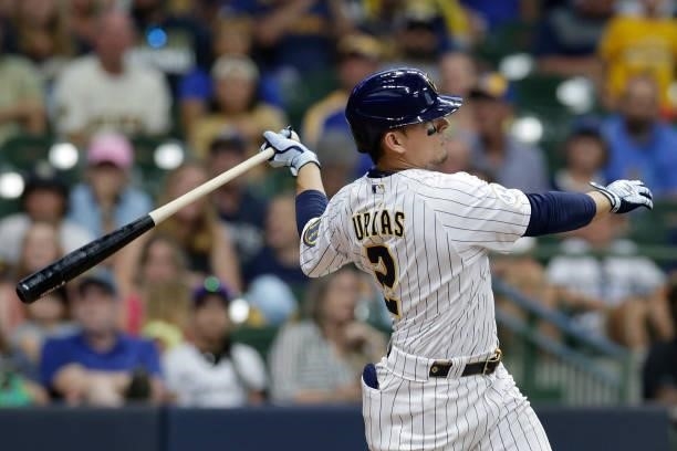 Luis Urias of the Milwaukee Brewers up to bat against the Colorado Rockies at American Family Field on June 25, 2021 in Milwaukee, Wisconsin. Brewers...