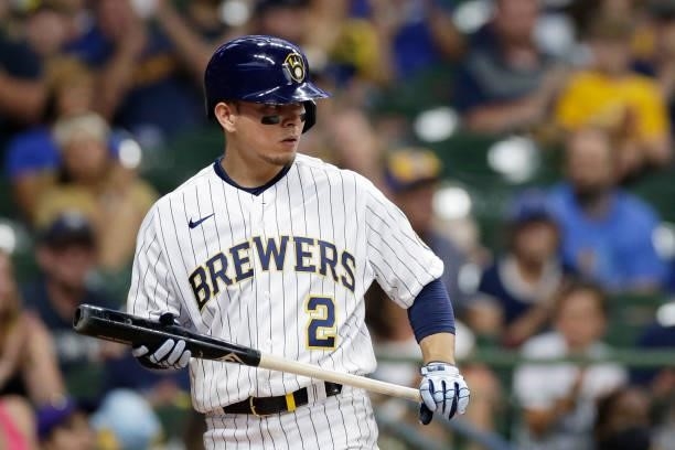 Luis Urias of the Milwaukee Brewers up to bat against the Colorado Rockies at American Family Field on June 25, 2021 in Milwaukee, Wisconsin. Brewers...