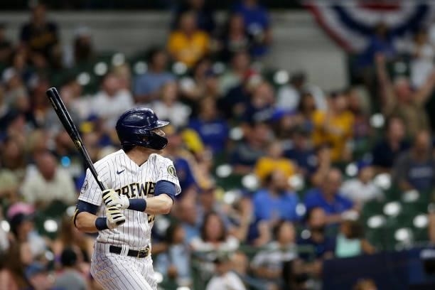 Christian Yelich of the Milwaukee Brewers up to bat against the Colorado Rockies at American Family Field on June 25, 2021 in Milwaukee, Wisconsin....