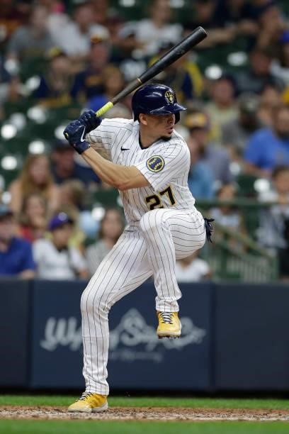 Willy Adames of the Milwaukee Brewers up top bat against the Colorado Rockies at American Family Field on June 25, 2021 in Milwaukee, Wisconsin....