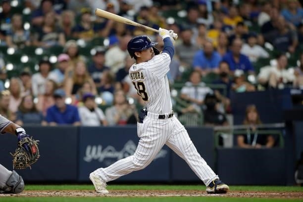 Keston Hiura of the Milwaukee Brewers up to bat against the Colorado Rockies at American Family Field on June 25, 2021 in Milwaukee, Wisconsin....