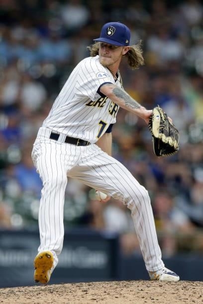 Josh Hader of the Milwaukee Brewers throws a pitch against the Colorado Rockies at American Family Field on June 25, 2021 in Milwaukee, Wisconsin....