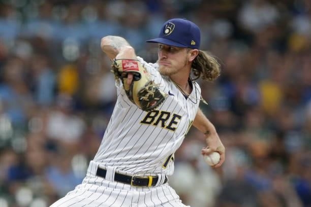 Josh Hader of the Milwaukee Brewers throws a pitch against the Colorado Rockies at American Family Field on June 25, 2021 in Milwaukee, Wisconsin....