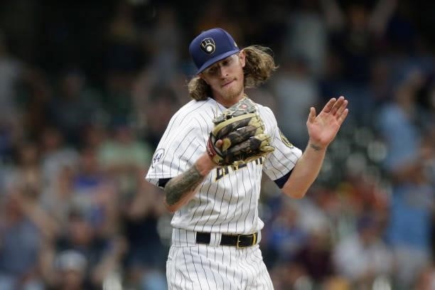 Josh Hader of the Milwaukee Brewers reacts after striking out a batter against the Colorado Rockies at American Family Field on June 25, 2021 in...