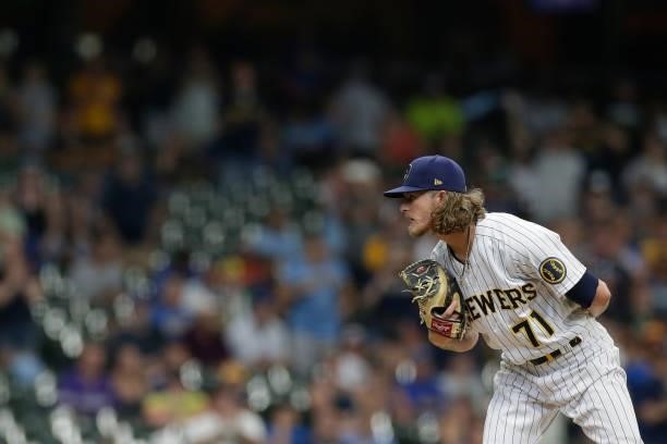 Josh Hader of the Milwaukee Brewers look for a sign prior to the pitch against the Colorado Rockies at American Family Field on June 25, 2021 in...