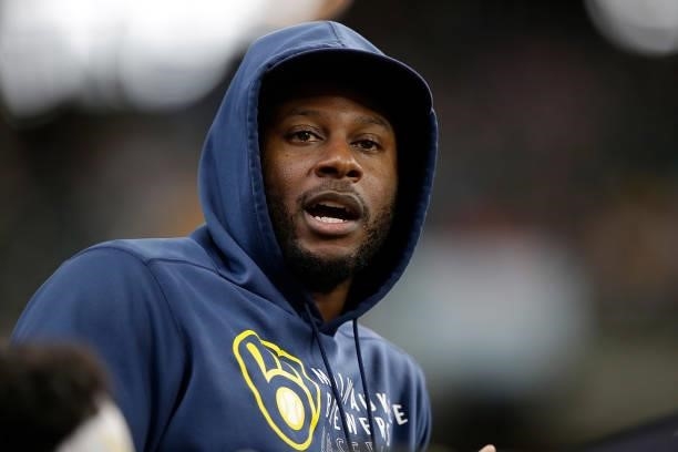 Lorenzo Cain of the Milwaukee Brewers looks on during the game against the Colorado Rockies at American Family Field on June 25, 2021 in Milwaukee,...